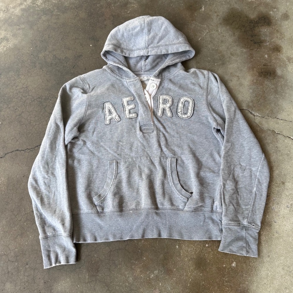 Aeropostale Hoodie Women Small Gray Excellent Distressed Henley Pullover